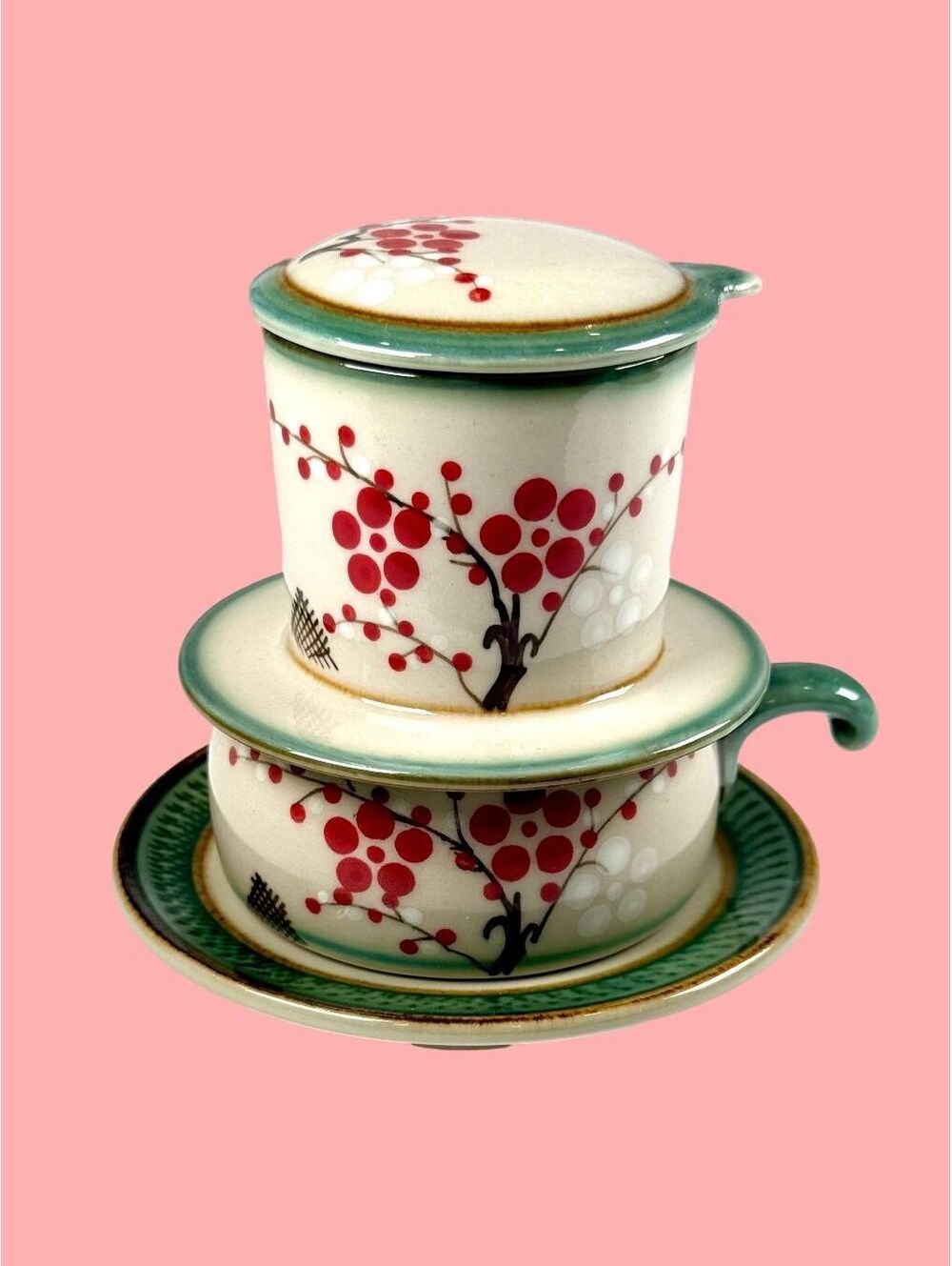 Bat Trang Vietnam Ceramic Phin Coffee Filter Set Cherry Blossom Drip Brewer